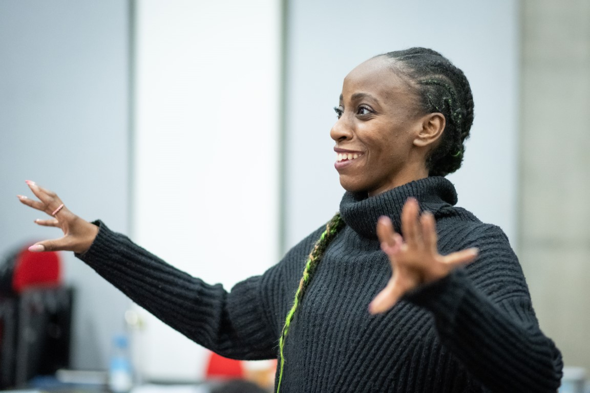 Keziah Joseph (playing Bibi) in rehearsal for Family Tree