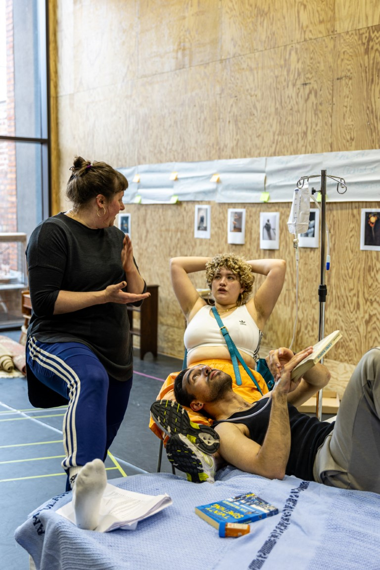 Luke Sookdeo (Marc), Emmy Stonelake (Aster) and Grace Goulding (Movement Director & Choreographer) in rehearsals