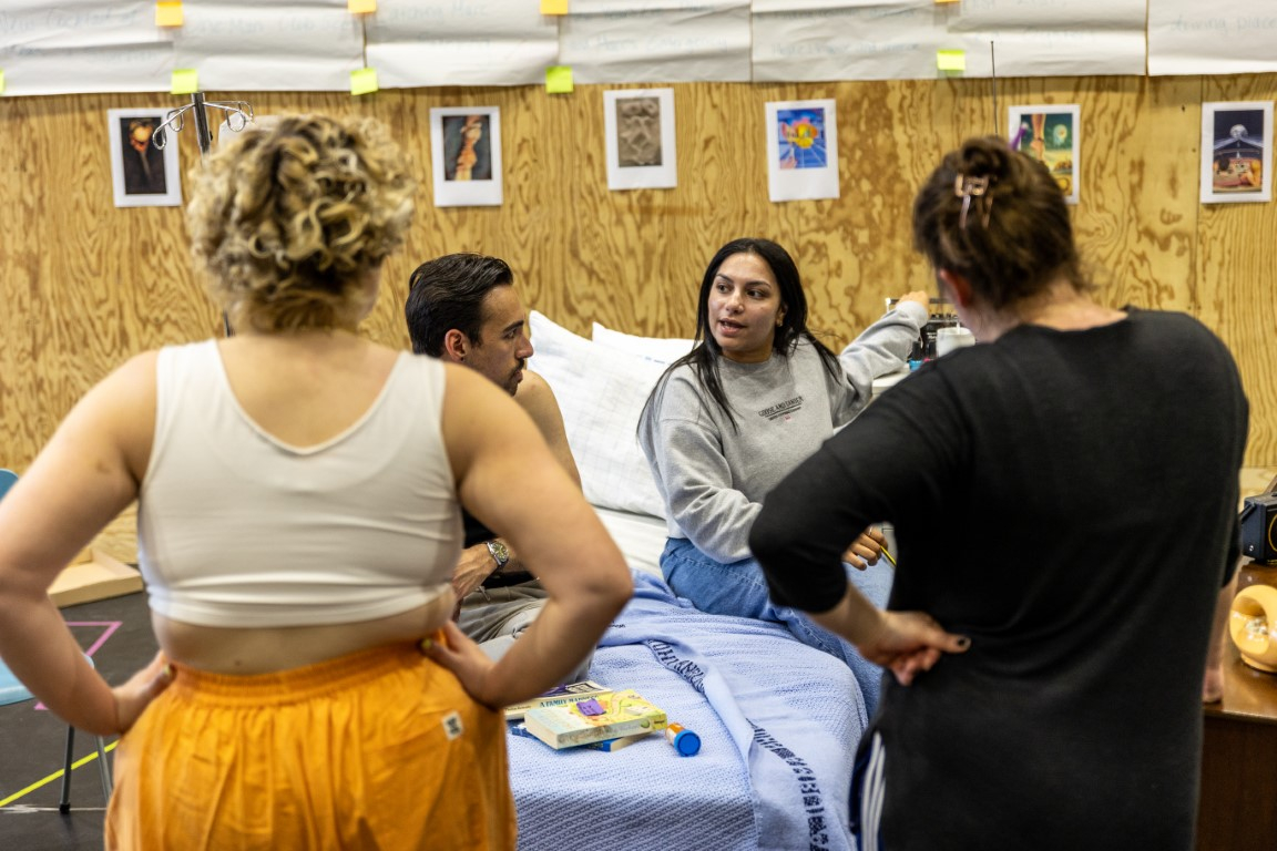 Luke Sookdeo (Marc), Emmy Stonelake (Aster), Gitika Buttoo (Director) and Grace Goulding (Movement Director & Choreographer) in rehearsals