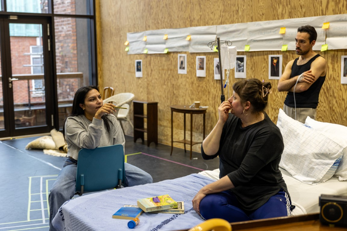 Luke Sookdeo (Marc), Gitika Buttoo (Director) and Grace Goulding (Movement Director & Choreographer) in rehearsals