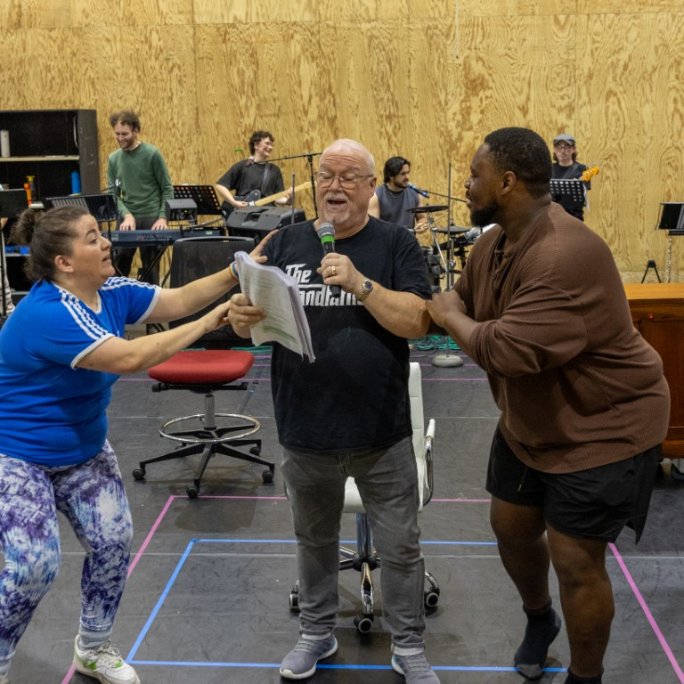 Emma Bispham, Michael Starke and Tomi Ogbaro in rehearsals.