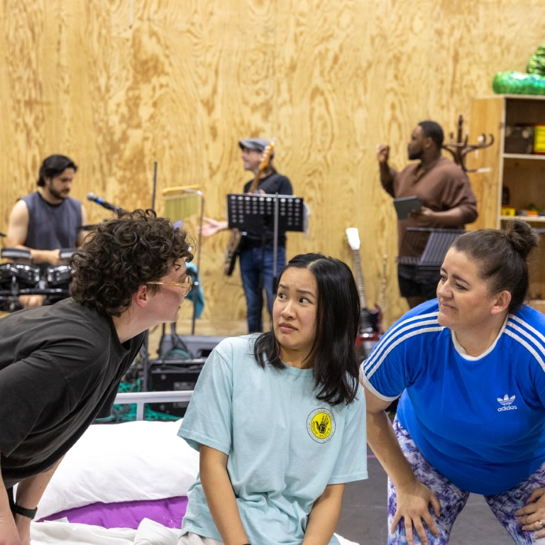 Zoe West, Ai Kumar and Emma Bispham in rehearsals.